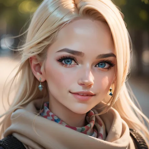 a closeup of a woman Beautiful blonde woman looking forward smiling with a scarf around her neck, um par de brincos sofisticados ou um cinto elegante oto retrato suave 8 k, medium portrait soft light, Retrato de um modelo bonito, 8k portrait render, Close ...