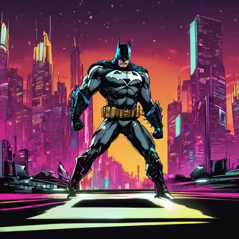 a Batman with brushed steel uniform, cybernetic, his uniform is reflective, robocore, neon, blurred city lights in the background, dark night, movie scene, dark environment, color palette that conveys exotic