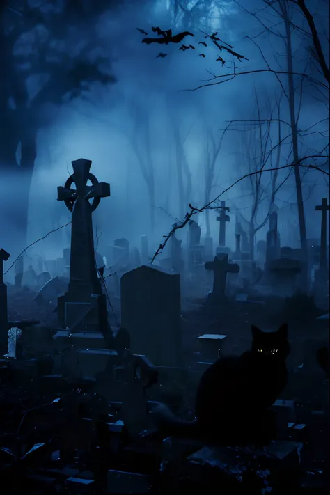 There is a cemetery，The cemetery has a cemetery cross and a cat sitting in the cemetery, Dark cemetery scene, graveyard background, in a graveyard, Cemetery view at night, Sitting in the cemetery at night, Midnight at the cemetery, Foggy dark cemetery, gra...