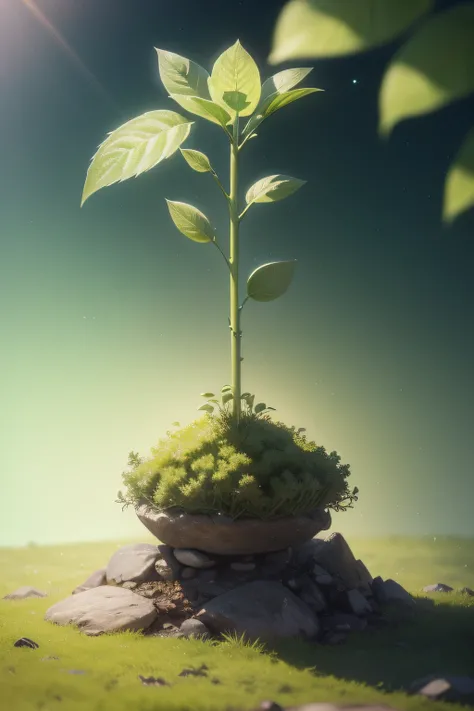 (Subject: A tender green sprouting sapling, Scene details: emerald green tones, bright sky, warm sun, beginning of the new year, vibrant spring), HD details, hyper-detail, noise illustration, Chinese elements, good particle texture, cinematic lighting effe...