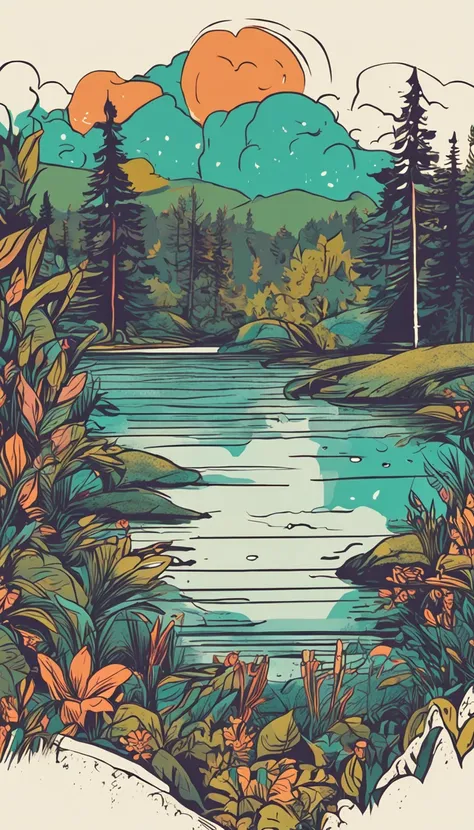 outdoor Illustration,lake, grass, water, nature, outdoors, graphic illustration style, intricate details, HD 16K