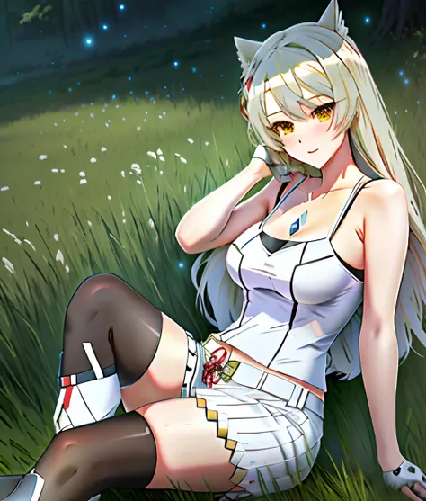 Anime girl with field sitting on grass, seductive anime girls, from girls frontline, attractive anime girls, Fine details. Girl Front, Smooth anime CG art, Casual pose,wear tank top,under boob,black kneehighs, single kneehigh, hand on own chest,