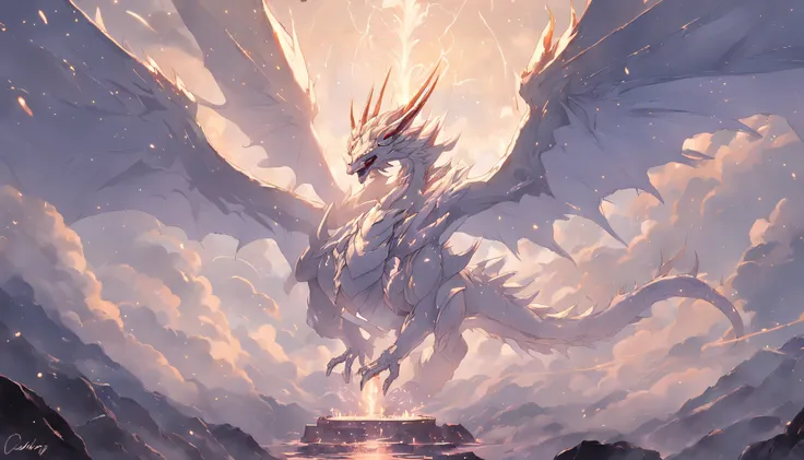 （shoun）standing on top of a mountain，Stroke the white dragons forehead，White dragon，Solo,Cloud effects：1.5，rendering by octane：1.5，Shine the stars，dark night background，Ultra vision，Wide angle field of view，super detailing，best qualtiy，tmasterpiece，8K，Extr...