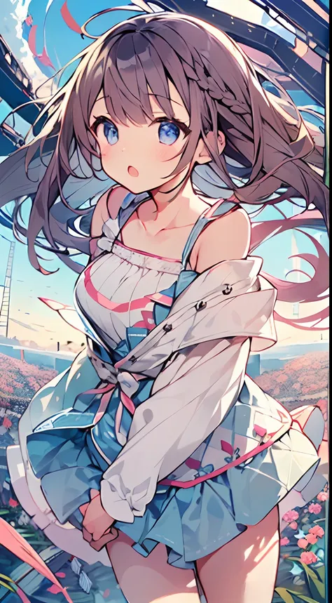 masutepiece, Best Quality,Illustration, Wallpaper, Ultra Detail, absurderes, 1little girl、 Solo, (Medium short hair、short braided hair), Beautiful ultra-detailed eyes , Hair fluttering in the wind、:O、Smaller head、Beautiful sky、(a panoramic view:1.5)