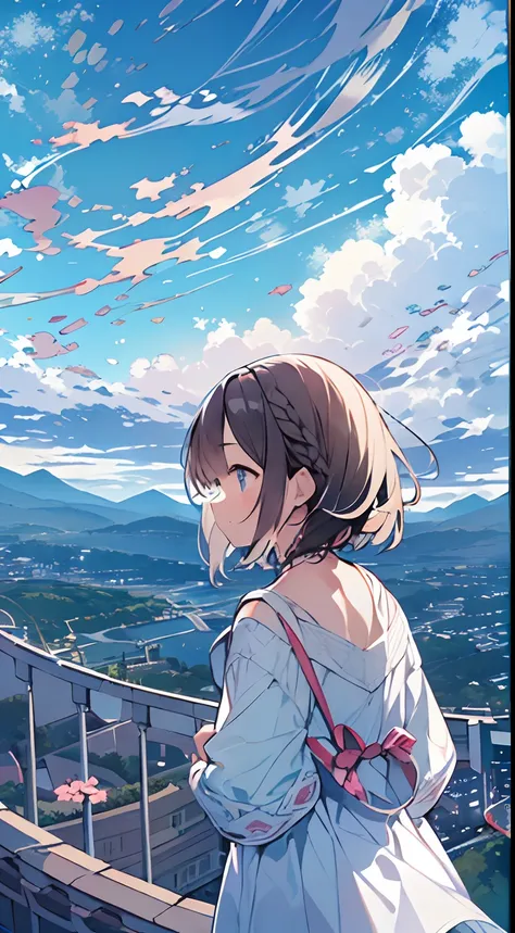 masutepiece, Best Quality,Illustration, Wallpaper, Ultra Detail, absurderes, 1little girl、 Solo, (Medium short hair、short braided hair), Beautiful ultra-detailed eyes , Hair fluttering in the wind、:O、Smaller head、Beautiful sky、(a panoramic view:1.5)