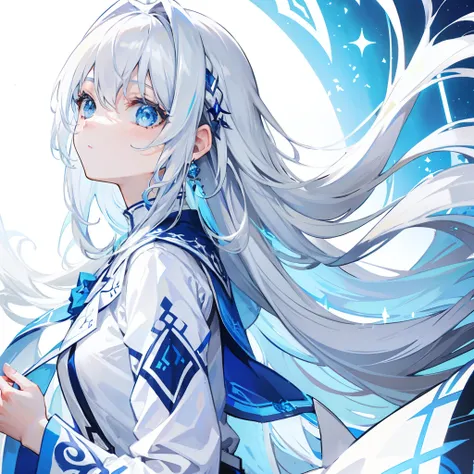 Long blue silver-white hair，White clothes that match blue