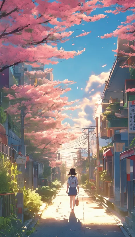 Summer day, blue sky, spectacular and beautiful clouds, clean streets, a girl is walking this road, cherry blossom, Green Plants, aesthetic, full of fantasy, Poster, healing department, Sunset afterglow, Makoto Shinkai style, long shot