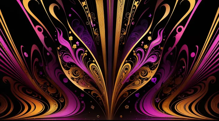 a gold, black, purple color design, very trippy and abstract, whimsical and psychedelic, rock & roll vibe, musical notes symbols