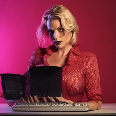 a woman blonde fatale in a red top typing on a laptop computer, in the style of darkly romantic realism, bold fashion photography, chad knight, realistic lighting, franciszek starowieyski, intense gaze, kelly sue deconnick