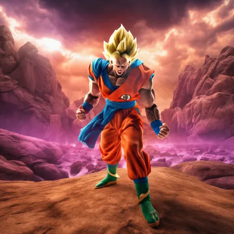 Ultrarealistic Photography of human Goku super sayajin 3 from dragon ball z, namek background, realistic photo and best quality