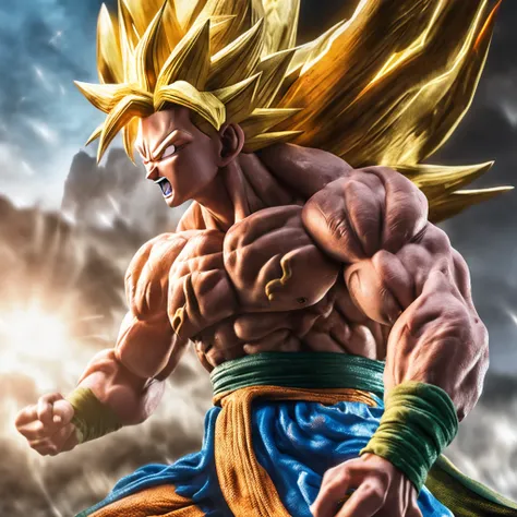 Ultrarealistic Photography of human Goku super sayajin 3 from dragon ball z, namek background, realistic photo and best quality