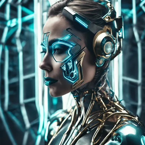 cyborg photo shoot woman with face paint in futuristic outfit, in the style of dark turquoise and light silver, aluminium holograph, 32k uhd, national geographic photo, cross-processed film, light silver and light gold, sharp focus, rtx on