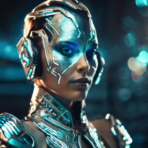 cyborg photo shoot woman with face paint in futuristic outfit, in the style of dark turquoise and light silver, aluminium holograph, 32k uhd, national geographic photo, cross-processed film, light silver and light gold, sharp focus, rtx on