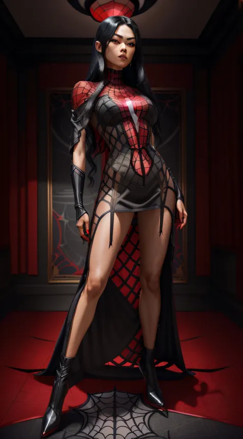 cindy moon, silk, in a bedroom, flirting, wears a (black spider-man fishnet_dress), suit includes a (red spider emblem) on the c...