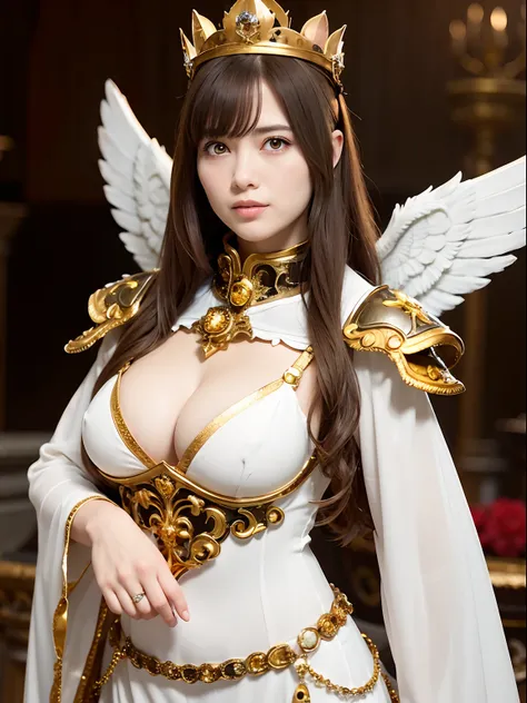 (masutepiece), Professional , ​masterpiece、top-quality、photos realistic , depth of fields （Gemstone Silver Metal Body:1.９),(Matte White、（Brown hair long straight）、Jewel Gold Weapon、（Inside the old ruins),Gorgeous metal weapons,(Detailed and realistic angel...