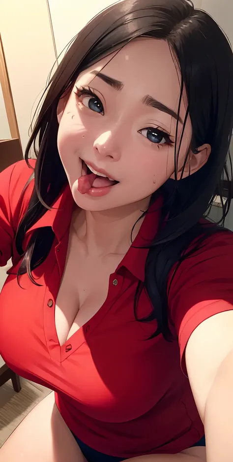 realisticlying、(Two 45-year-old girls)、selfee、Wearing a red polo shirt，Face enhancement，Chest super large zoom，Cleavage emphasis，Looking up from the bottom，Blackening of hair，Blue eyes，darkens the skin，African、Blushing，Red lips，A sexy，Bed sit，stick out you...