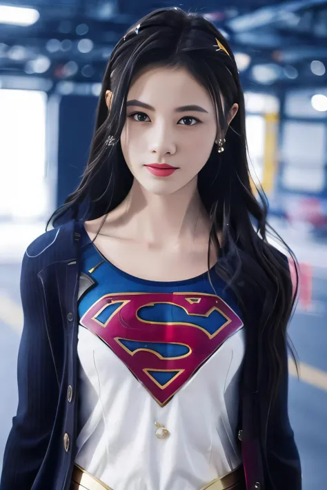 a girl is supergirl costume, masterpiece,ultra realistic,32k,extremely detailed CG unity 8k wallpaper, best quality