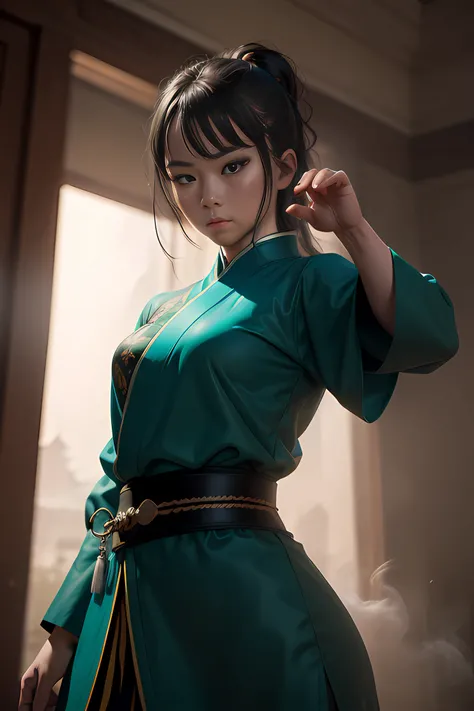 Masterpiece, Best quality, 8K, insanely details,Chinese-style building， Intricate details, ultra - detailed, hyper qualit, High detail, Ultra detailed, Masterpiece,Martial arts，,Young people in Europe,Dressed in cyan Hanfu,Surrounded by gas smoke during th...