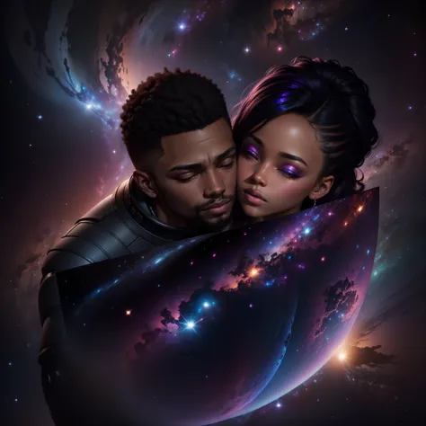 Beautiful black couple hugging and floating in outer space, stars in the galaxy shining with iridescent light, highly detailed images, vibrant beautiful colours, photorealistic image, 8k, ultra HD, unreal engine rendered, cinematic lighting, artgerm style,