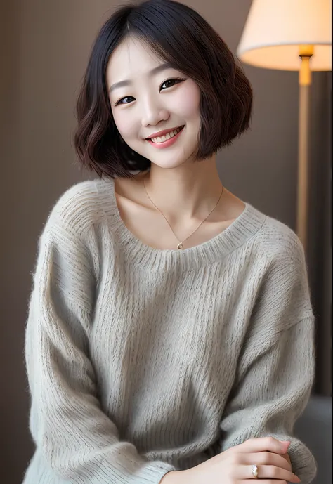 (top-quality、8k、32k、​masterpiece、UHD:1.2)、Photo of young Japan woman、short-cut、bobhair、Look upwards、Im wearing knitwear、large full breasts、cute smile face、A sexy