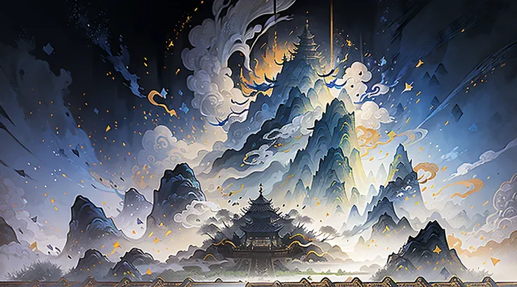 Ink wind，Visible ink strokes，Chinese wind mountains， rios， Auspicious clouds， aethereal，The void is dotted with stars， tmasterpiece， super detailing， Epic composition， hyper HD， high qulity， extremely detaile， offcial art， 统一 8k 壁纸， super detailing， 32K