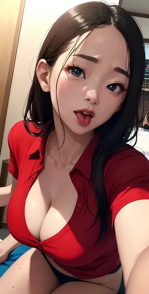 realisticlying、(Two 45-year-old girls)、selfee、Wearing a red polo shirt，Face enhancement，Chest super large zoom，Cleavage emphasis，Looking up from the bottom，Blackening of hair，Blue eyes，darkens the skin，African、Blushing，Red lips，A sexy，Bed sit，stick out you...