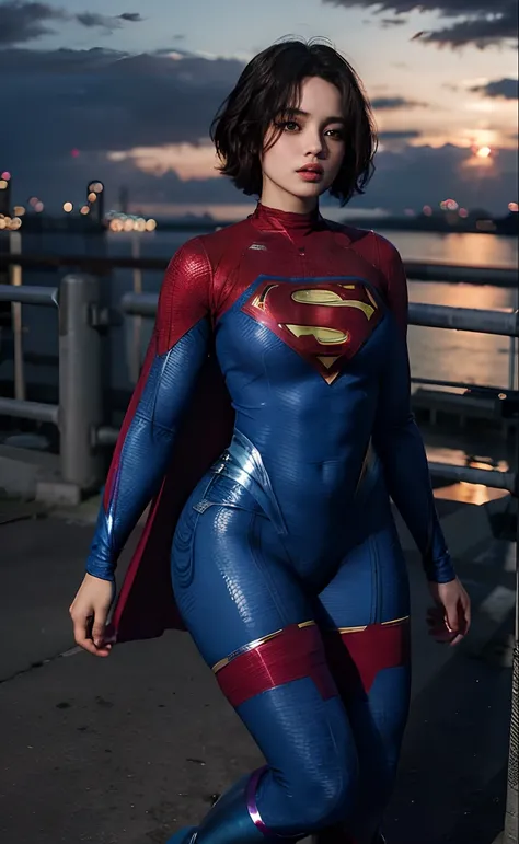 1girl, (twilight), short hair, 
(looking at viewer,( lip biting )), supergirl, cityscape, (flying),blue sky,cloud,parted lips,blue tights and boots,
intricate details,highly detailed,shiny hair,shiny skin,8k resolution,( full body)