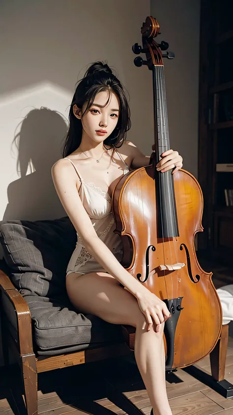 Beautiful woman in underwear, cello player, sitting position.