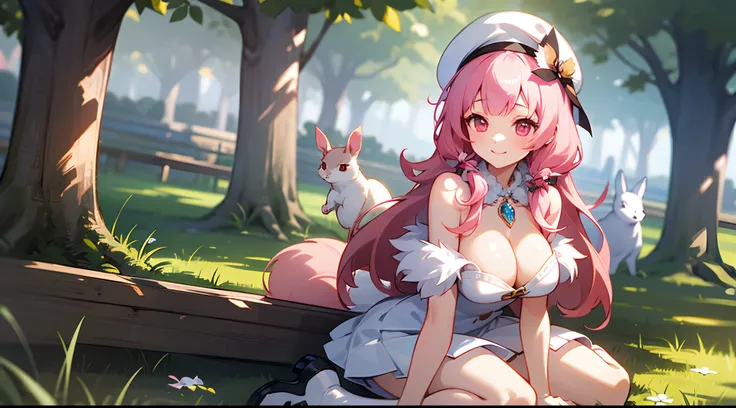 1 girl, game CG, white clothes, cleavage visible, shoulders visible, white short skirt, small white beret, jewel pendant, black shoes, gigantic breasts, pink hair, long hair, straight hair, princess hairstyle, idiot fur, pink eyes, smile, rabbit, squirrel,...