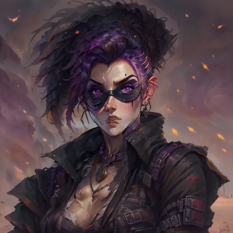 female with short shaved dark purple hair, wearing eyepatch, villain, wearing casual desert punk clothing, has lower lip stud piercings, muscular,