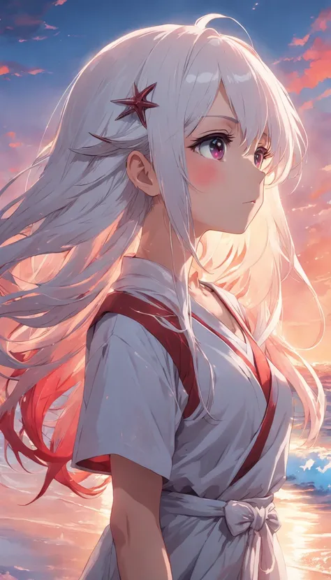 beach，Look up，Long white hair，eventide，red color eyes