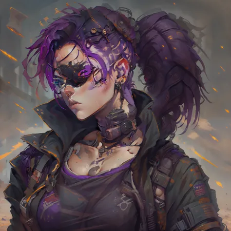 female with short shaved dark purple hair, wearing eyepatch, villain, wearing casual desert punk clothing, has lower lip stud piercings, muscular, abs visible