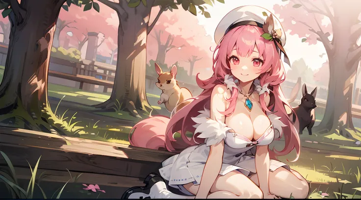 1 girl, game CG, white clothes, cleavage visible, shoulders visible, white short skirt, small white beret, jewel pendant, black shoes, gigantic breasts, pink hair, long hair, straight hair, princess hairstyle, idiot fur, pink eyes, smile, rabbit, squirrel,...