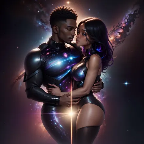 Beautiful black couple hugging in space, the dtars in the galaxy shining with iridescent light, highly detailed images, vibrant beautiful colours, photorealistic image, 8k, ultra HD, unreal engine rendered, cinematic lighting, artgerm style,