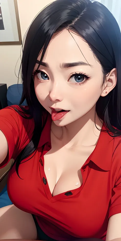 realisticlying、(Two 45-year-old girls)、selfee、Wearing a red polo shirt，Face enhancement，Chest super large zoom，Cleavage emphasis，Looking up from the bottom，Blackening of hair，Blue eyes，darkens the skin，African、Blushing，Red lips，A sexy，Bed sit，stick out you...