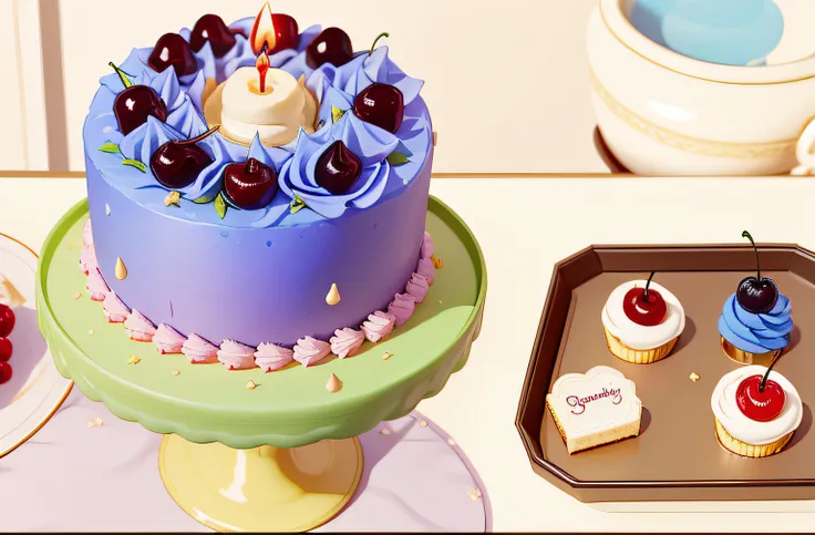 The top of the cake is covered with cherries，blue berry，There is a slender birthday candle in the middle，Exquisite，3Drenderingof