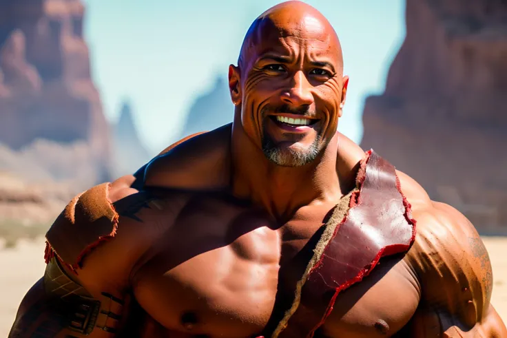 bald Dwayne Johnson as a red rock, red armor, expressive smile, holding a pile of raw meat in a basket, located in a sand city, very detailed facial features, perfect symmetry, dynamic pose