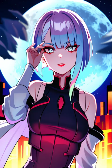 lucy (cyberpunk), 1girl, arm up, bangs, blue hair, colored tips, full moon, grey eyes, jacket, long sleeves, looking at viewer, medium hair, moon, multicolored hair, parted bangs, parted lips, pink hair, portrait, red eyeliner, red lips, solo, white jacket...