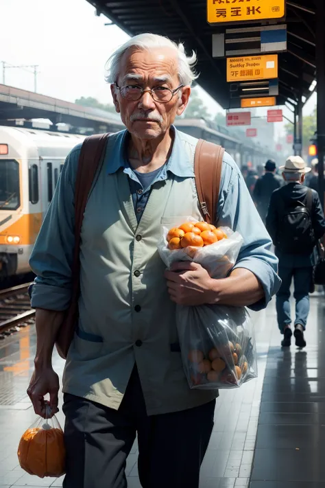 An old father，Carrying a bag of oranges，plastic bag，Train platform，Clear face，A old man