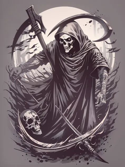 printable t-shirt vector of image of death with a scythe in his hand dark style, drawn art style image, image with white background, black and white toned image