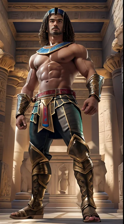 Strong male warrior, Abs，Exemplary talent, The lower body is bare from thighs to feet, Gorgeous curly hair, Meticulous muscle definition,Seductive feet，Knight boots， Photorealistic rendering, 4K 分辨率. Background: Ancient Egyptian temple complex,32k ULTRAHD,...