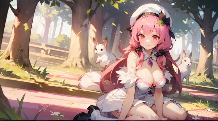 1 girl, game CG, white clothes, cleavage visible, shoulders visible, white short skirt, small white beret, jewel pendant, black shoes, gigantic breasts, pink hair, long hair, straight hair, princess hairstyle, idiot fur, pink eyes, smile, rabbit, squirrel,...