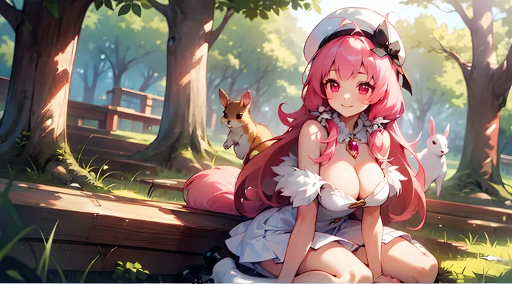 1 girl, game CG, white clothes, cleavage visible, shoulders visible, white short skirt, small white beret, jewel pendant, black shoes, gigantic breasts, pink hair, long hair, straight hair, princess hairstyle, ahoge , pink eyes, smile, rabbit, squirrel, an...