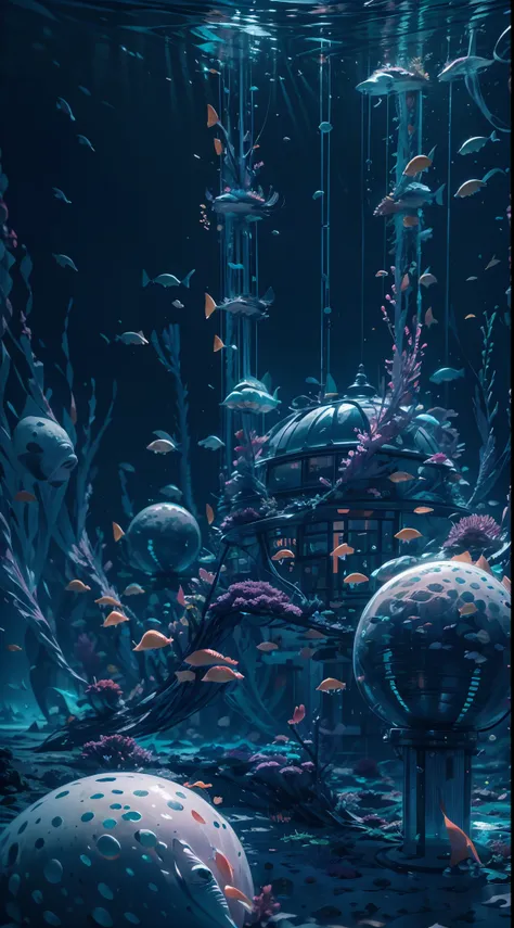 an underwater city,{glowing neon lights}, (seabed:1.3), (abyssal:1.4), (mysterious civilization),(jellyfish:0.4),(anglerfish:0.3...