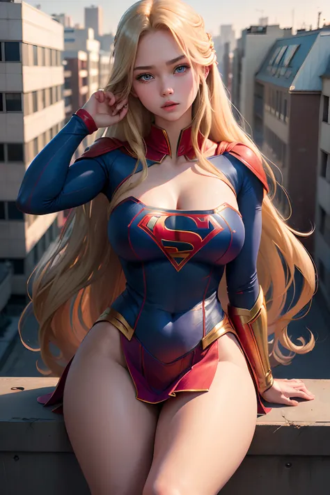 ((best quality, masterpiece, absurdress) , supergirl , 19 years old,long blonde hair, voluminous hair, loose hair, blue expressive eyes,huge breasts, supergirl wearing korean school uniform, terrace of a building, view of other buildings ,day