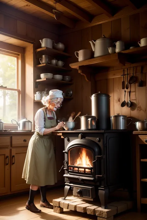 granny cooking beans on an old wood stove