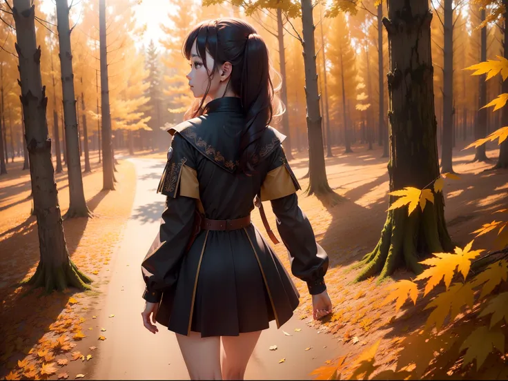 (extremely detailed CG unity 8k 壁纸，tmasterpiece，Best picture quality，hyper-high detail)，BEST lighting，Best shadow，Extremely Delicately Beautiful，Floating，Fiery maple forest，Fallen leaves cover the earth，the setting sun，The girls back