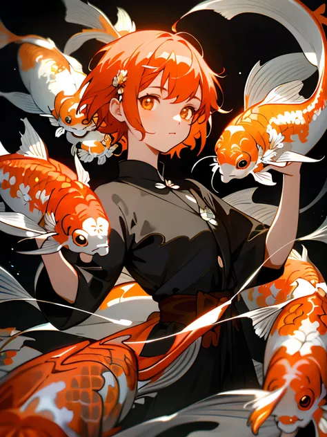 Art Nouveau style for a girl, short hair, the complex background, Flying fish, (koi colors:1.3), [Red theme|Black Themes], glowing eyes, glow eyes, halfbody, hairpin, upper, upper body, dynamic pose, under the water, looking at view, looking at viewer, jel...