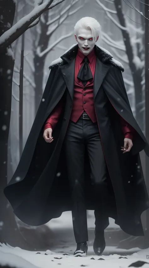 Creepy olpntng style，mistic，full body shot of，Vampires wear long black coats，Red eyes are his most striking feature，There seemed to be an evil aura hidden in his smile，His skin was as pale as snow，Vampire high heels，It shows a mysterious and majestic atmos...