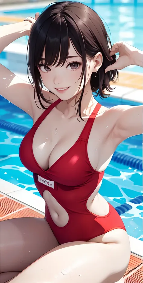 realisticlying、18-year-old girl、Wearing competitive swimsuits，Smile，Cleavage emphasis，Face Real，lips a little red，cheeks a little red，A sexy，swimming pools